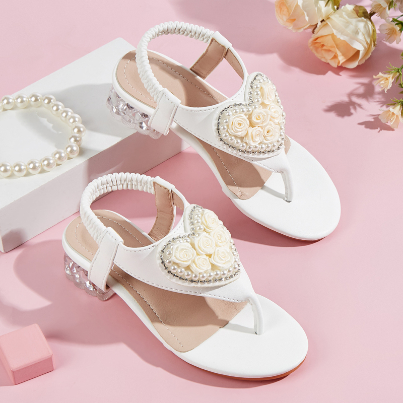 Dječje sandale za proljeće 2026., princes stil, s dekorom srca od bisera, otvoreni vrh, Velcro zatvaranje, gumeni potplat