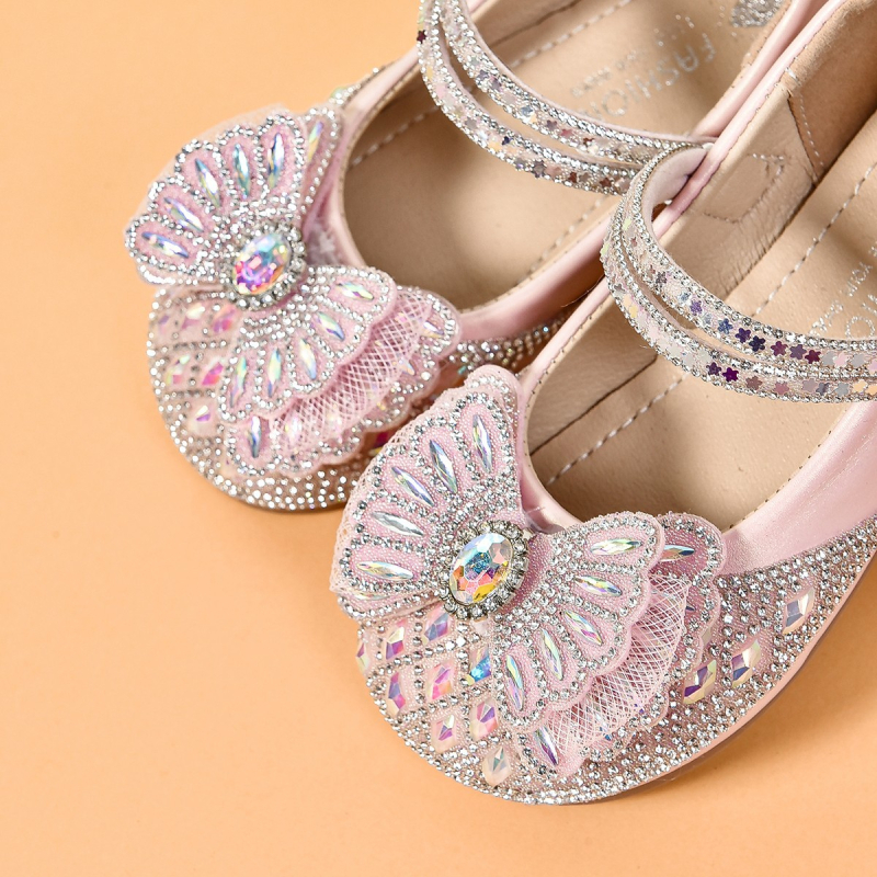 Детски обувки за момичета принцеса от изкуствена кожа, с кристали и велкро закопчаване