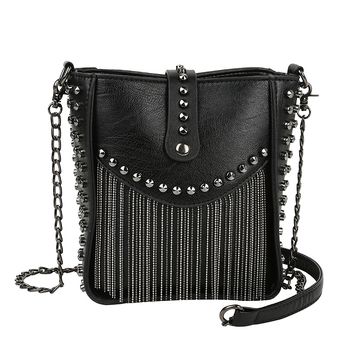 Ženska crna PU torbica s resicama, crossbody preko ramena, mala veličina