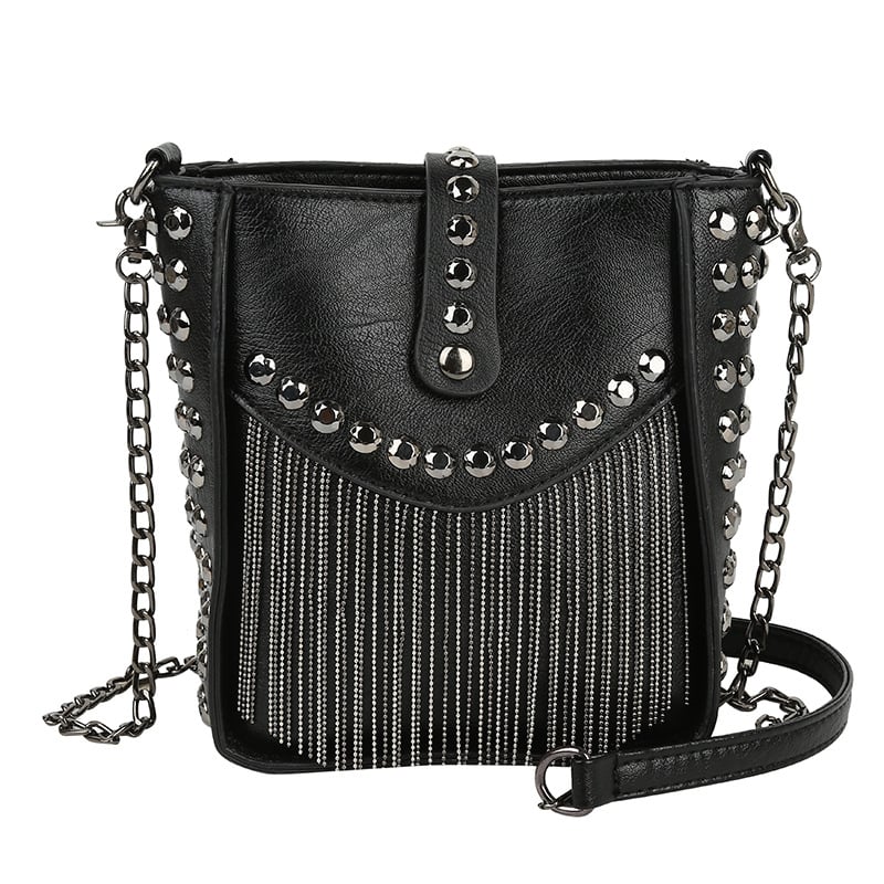 Ženska crna PU torbica s resicama, crossbody preko ramena, mala veličina