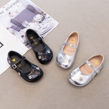 Dječje crne cipele s rhinestones i Velcro trakom, stil princeze, model 2026, proljeće–jesen