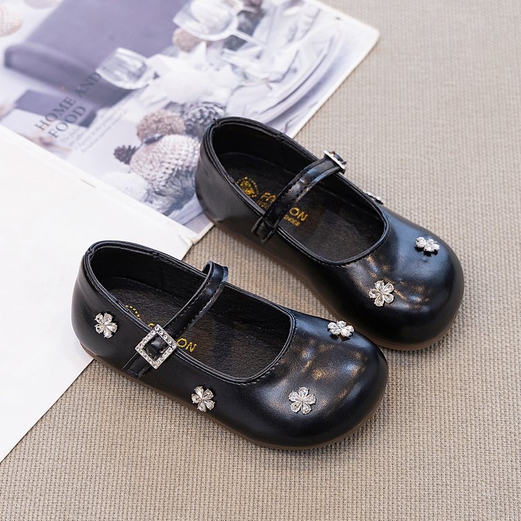 Dječje crne cipele s rhinestones i Velcro trakom, stil princeze, model 2026, proljeće–jesen