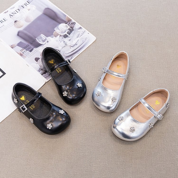 Dječje crne cipele s rhinestones i Velcro trakom, stil princeze, model 2026, proljeće–jesen