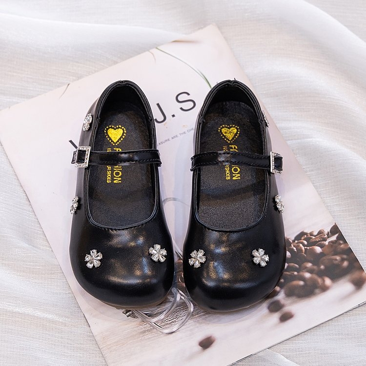 Dječje crne cipele s rhinestones i Velcro trakom, stil princeze, model 2026, proljeće–jesen