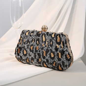 Retro ženska večernja clutch torba s vezom i sjajnim ukrasima, leopard uzorak, model 2024