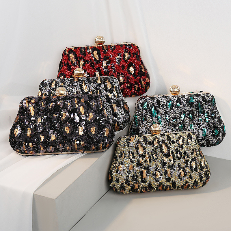 Retro ženska večernja clutch torba s vezom i sjajnim ukrasima, leopard uzorak, model 2024