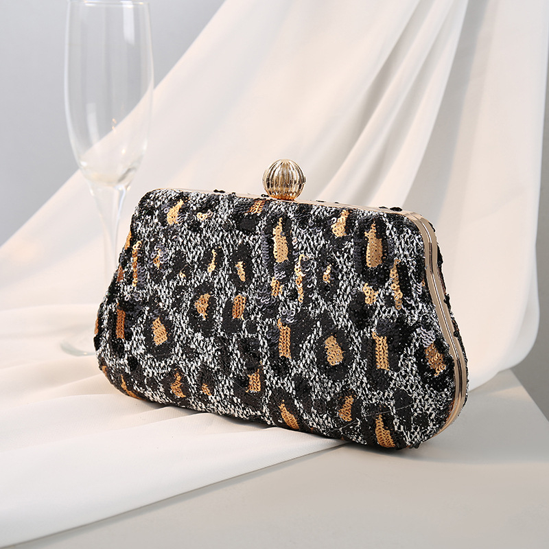 Retro ženska večernja clutch torba s vezom i sjajnim ukrasima, leopard uzorak, model 2024