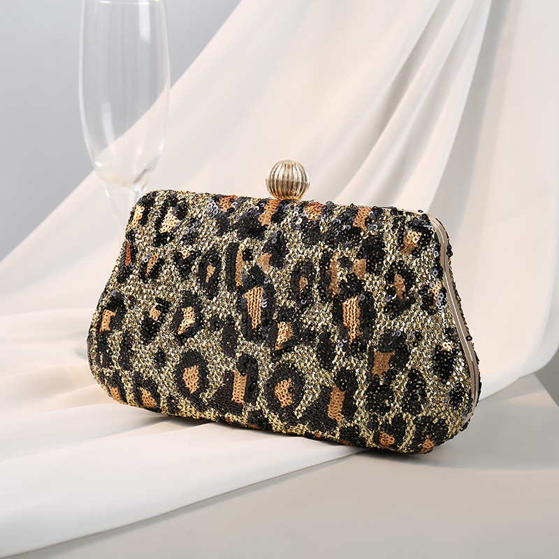 Retro ženska večernja clutch torba s vezom i sjajnim ukrasima, leopard uzorak, model 2024