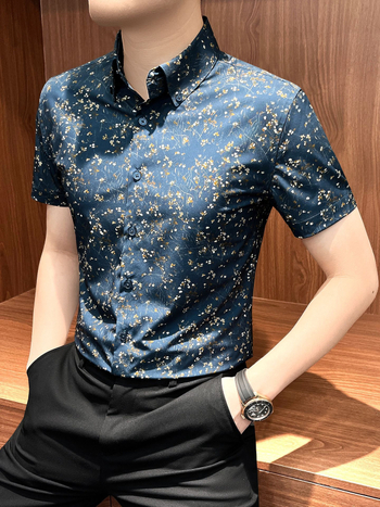 Muška ljetna košulja s cvjetnim uzorkom po cijelom tijelu, kratki rukavi, slim fit, casual košulja s ovratnikom