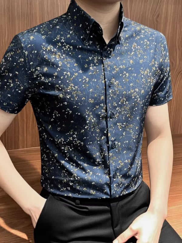 Muška ljetna košulja s cvjetnim uzorkom po cijelom tijelu, kratki rukavi, slim fit, casual košulja s ovratnikom