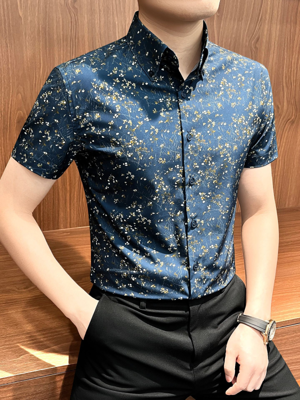 Muška ljetna košulja s cvjetnim uzorkom po cijelom tijelu, kratki rukavi, slim fit, casual košulja s ovratnikom