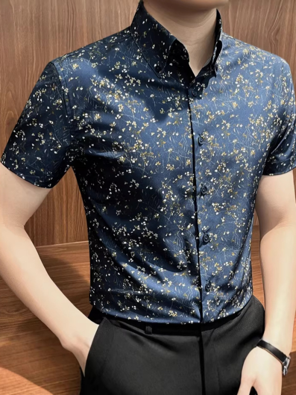 Muška ljetna košulja s cvjetnim uzorkom po cijelom tijelu, kratki rukavi, slim fit, casual košulja s ovratnikom