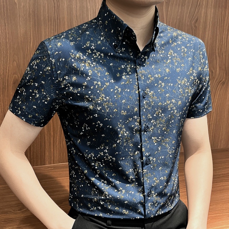 Muška ljetna košulja s cvjetnim uzorkom po cijelom tijelu, kratki rukavi, slim fit, casual košulja s ovratnikom