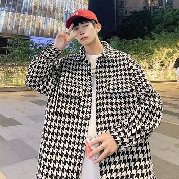 Мъжка риза с каре в стил houndstooth, ретро визия, дълги ръкави, свободна кройка, висококачествен plaid дизайн с workwear детайли