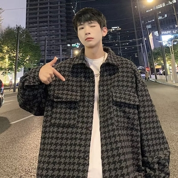 Мъжка риза с каре в стил houndstooth, ретро визия, дълги ръкави, свободна кройка, висококачествен plaid дизайн с workwear детайли