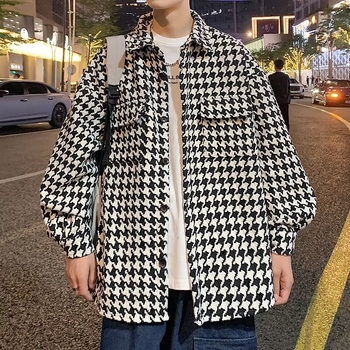 Мъжка риза с каре в стил houndstooth, ретро визия, дълги ръкави, свободна кройка, висококачествен plaid дизайн с workwear детайли