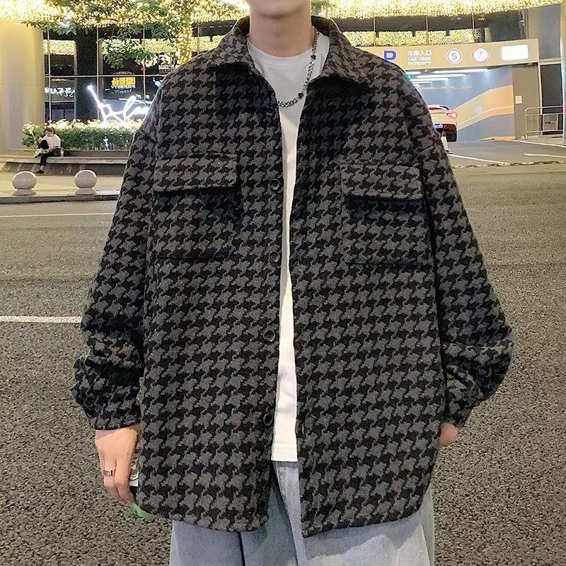 Мъжка риза с каре в стил houndstooth, ретро визия, дълги ръкави, свободна кройка, висококачествен plaid дизайн с workwear детайли