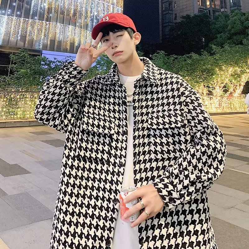 Мъжка риза с каре в стил houndstooth, ретро визия, дълги ръкави, свободна кройка, висококачествен plaid дизайн с workwear детайли
