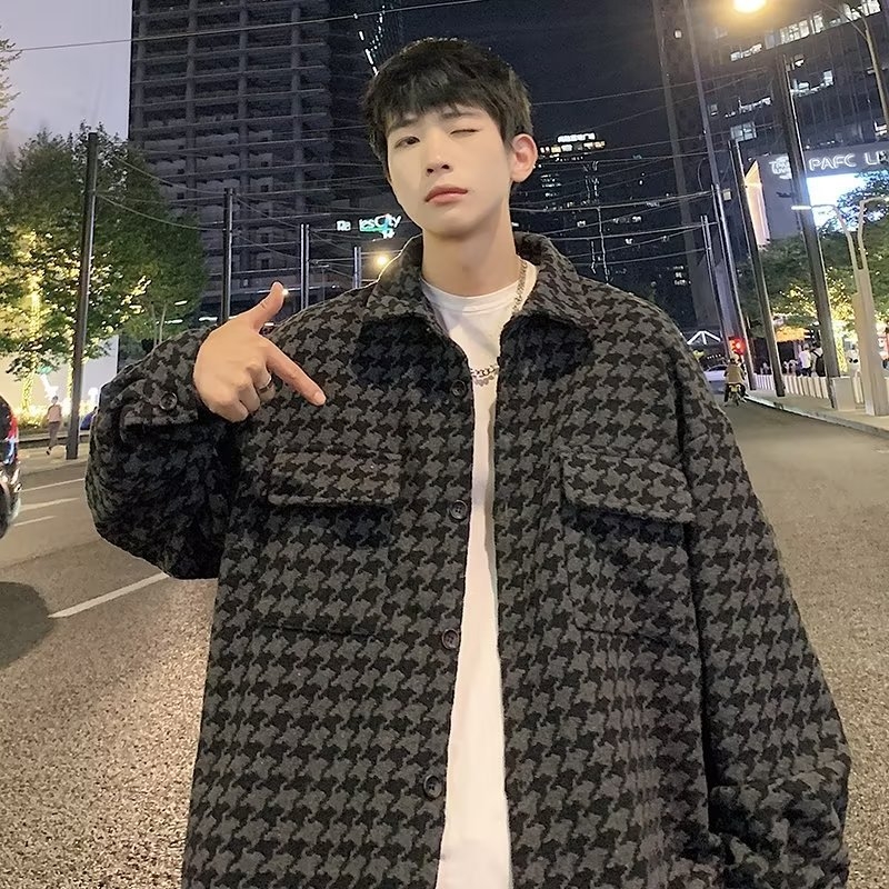 Мъжка риза с каре в стил houndstooth, ретро визия, дълги ръкави, свободна кройка, висококачествен plaid дизайн с workwear детайли