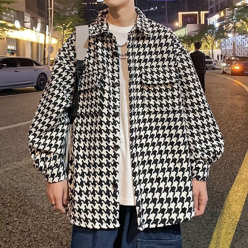 Мъжка риза с каре в стил houndstooth, ретро визия, дълги ръкави, свободна кройка, висококачествен plaid дизайн с workwear детайли