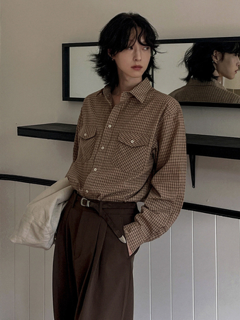 MYQ muška karirana košulja s dugim rukavima, širokog kroja za proljeće, casual, korejski retro stil