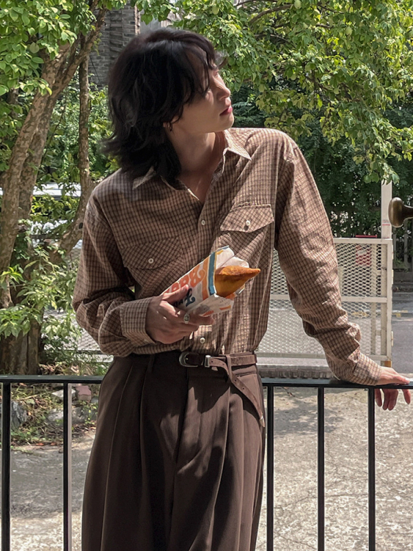 MYQ muška karirana košulja s dugim rukavima, širokog kroja za proljeće, casual, korejski retro stil
