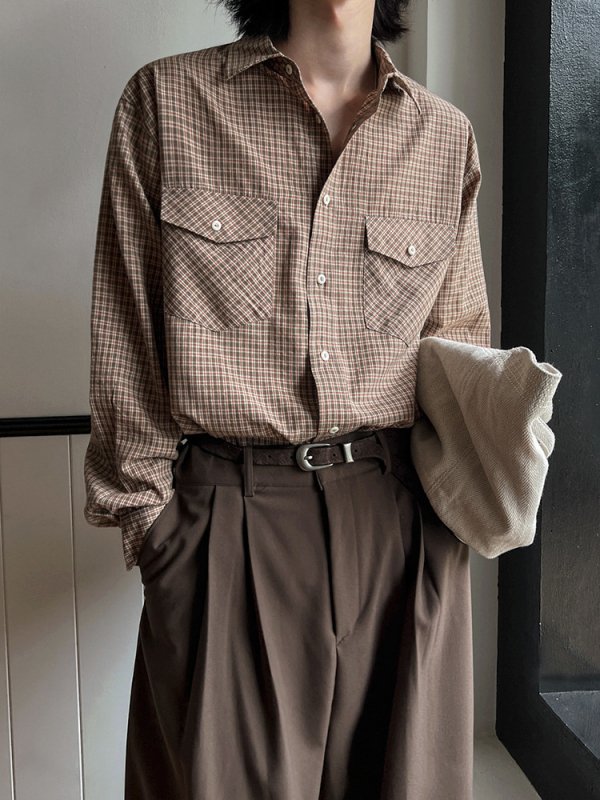 MYQ muška karirana košulja s dugim rukavima, širokog kroja za proljeće, casual, korejski retro stil