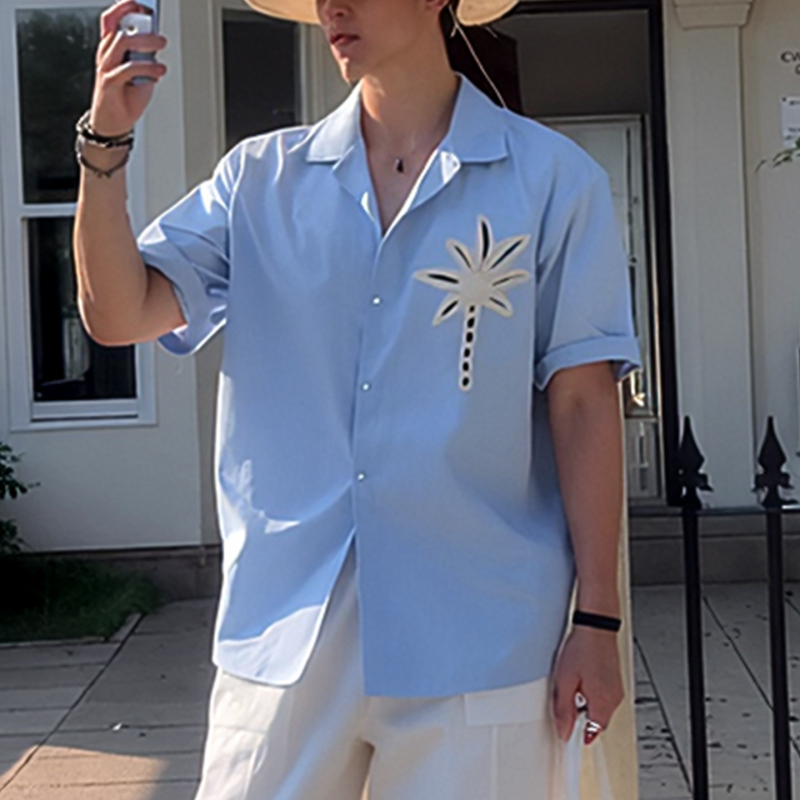 Muška ljetna košulja s kratkim rukavima, broderijom kokosovog drveta, ovratnik lapel, prozračna i lagana, stylish i svestrana, jednobojna