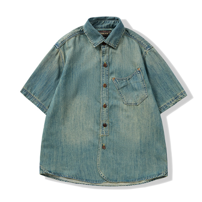 Ljetna prozračna denim majica kratkih rukava, japanski retro stil, nostalgična plava, vrhunska kvaliteta, ugodna koži, lagana