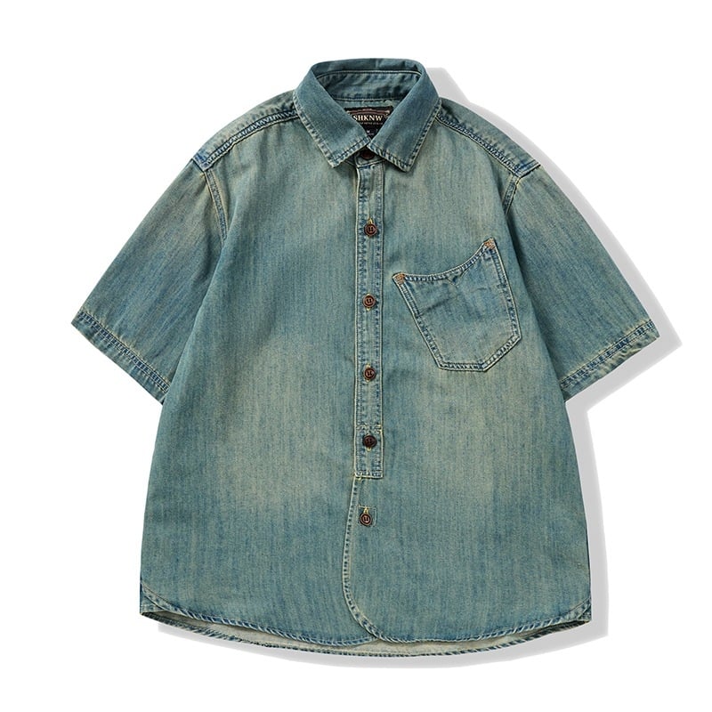 Ljetna prozračna denim majica kratkih rukava, japanski retro stil, nostalgična plava, vrhunska kvaliteta, ugodna koži, lagana
