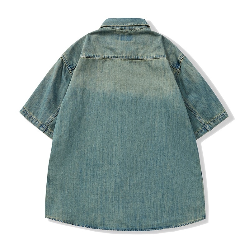 Ljetna prozračna denim majica kratkih rukava, japanski retro stil, nostalgična plava, vrhunska kvaliteta, ugodna koži, lagana