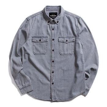 Мъжка памучна риза-куртка в райе, Slim fit, дълги ръкави, яка с ревър