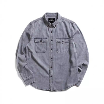 Мъжка памучна риза-куртка в райе, Slim fit, дълги ръкави, яка с ревър