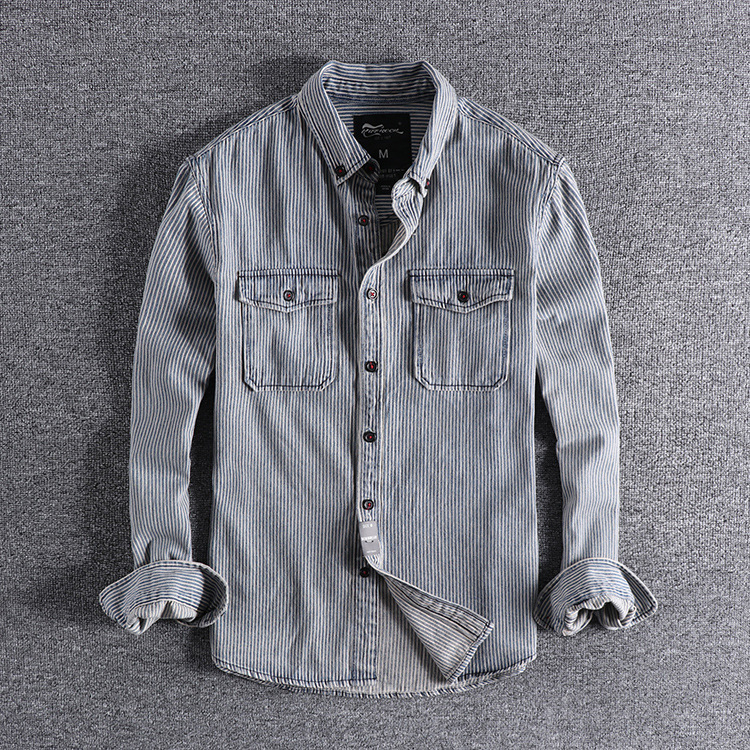 Мъжка памучна риза-куртка в райе, Slim fit, дълги ръкави, яка с ревър