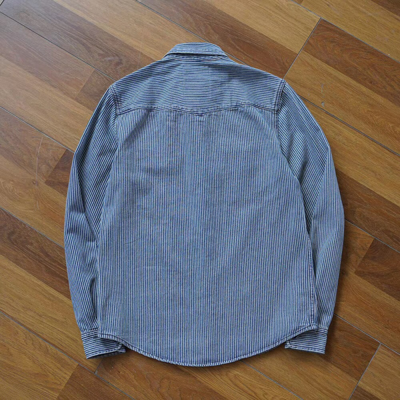 Мъжка памучна риза-куртка в райе, Slim fit, дълги ръкави, яка с ревър
