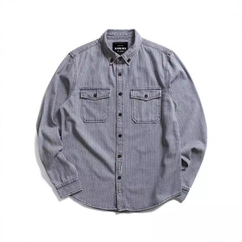 Мъжка памучна риза-куртка в райе, Slim fit, дълги ръкави, яка с ревър