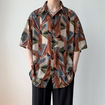Muška vintage barokna cvjetna košulja, oversize, ljeto, kratki rukav, košulja-jakna u retro HK stilu