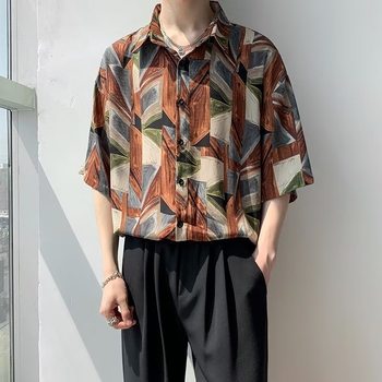 Muška vintage barokna cvjetna košulja, oversize, ljeto, kratki rukav, košulja-jakna u retro HK stilu