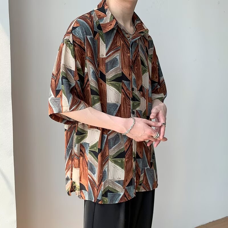 Muška vintage barokna cvjetna košulja, oversize, ljeto, kratki rukav, košulja-jakna u retro HK stilu
