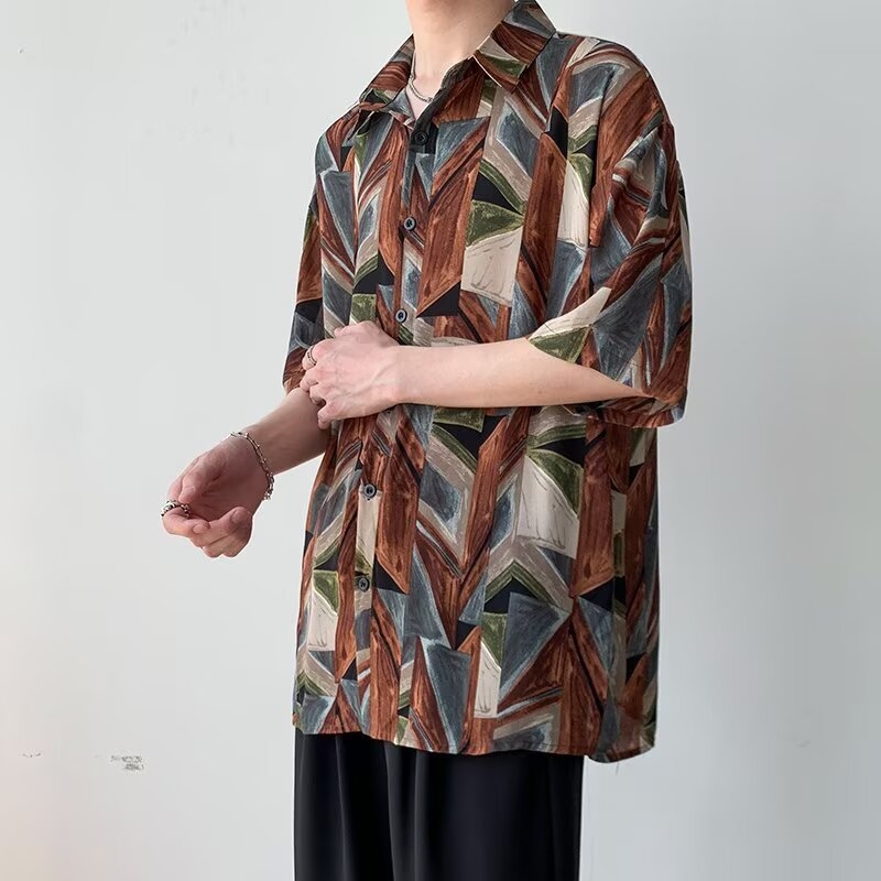 Muška vintage barokna cvjetna košulja, oversize, ljeto, kratki rukav, košulja-jakna u retro HK stilu