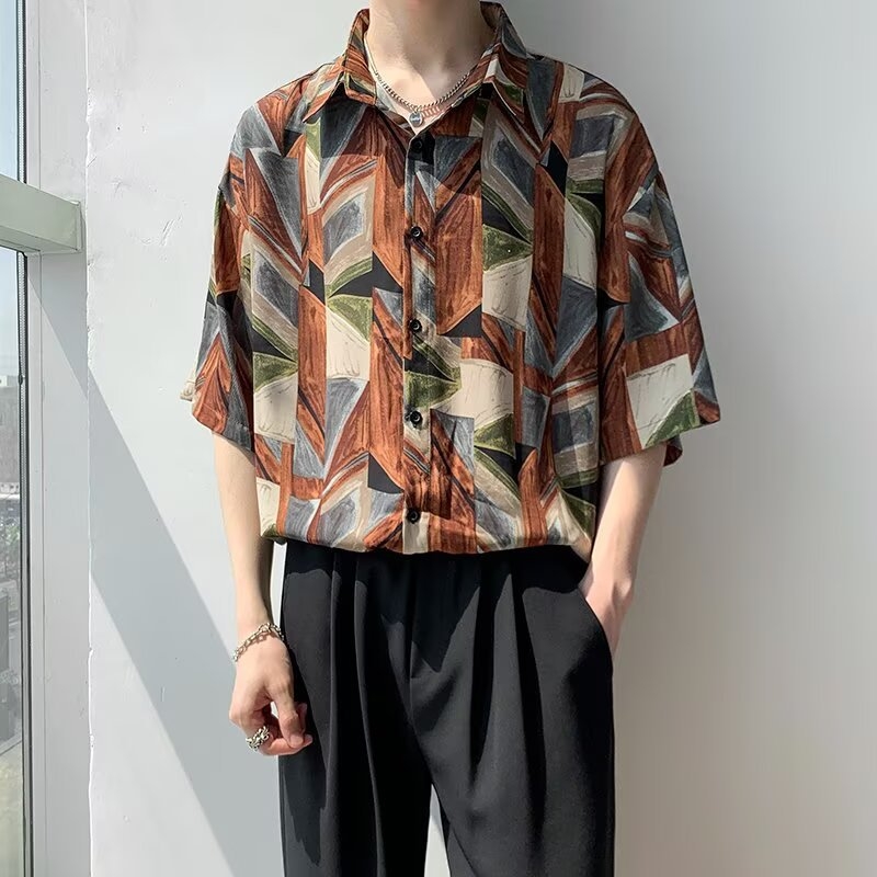 Muška vintage barokna cvjetna košulja, oversize, ljeto, kratki rukav, košulja-jakna u retro HK stilu