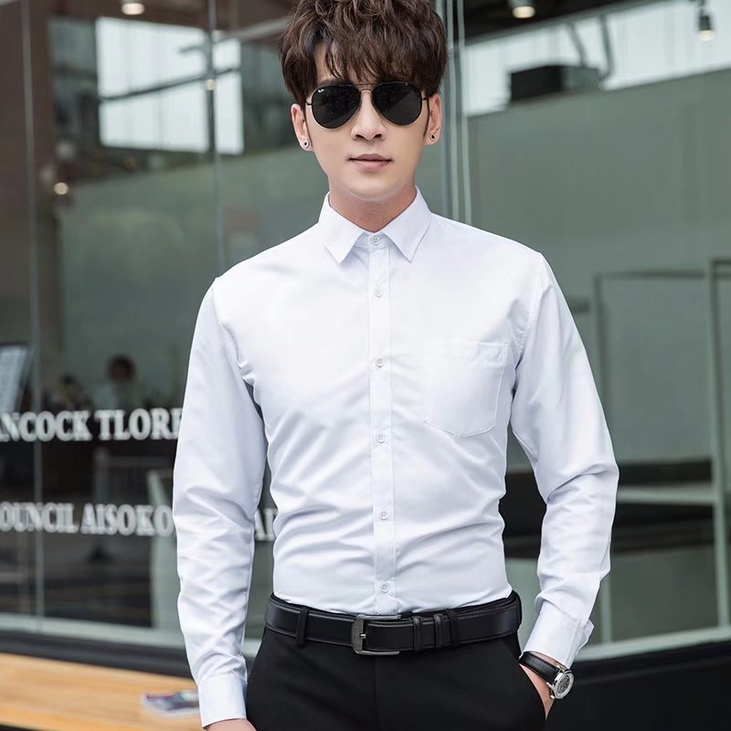 Мъжка риза с дълги ръкави, бизнес стил, Slim Fit, без нужда от гладене, устойчива на намачкване, бяла, едноцветна