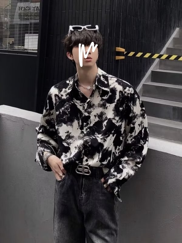 Muška košulja s tie-dye uzorkom, drapirani kroj, dugi rukavi, cvjetni uzorak, korejski stil, ležernog kroja