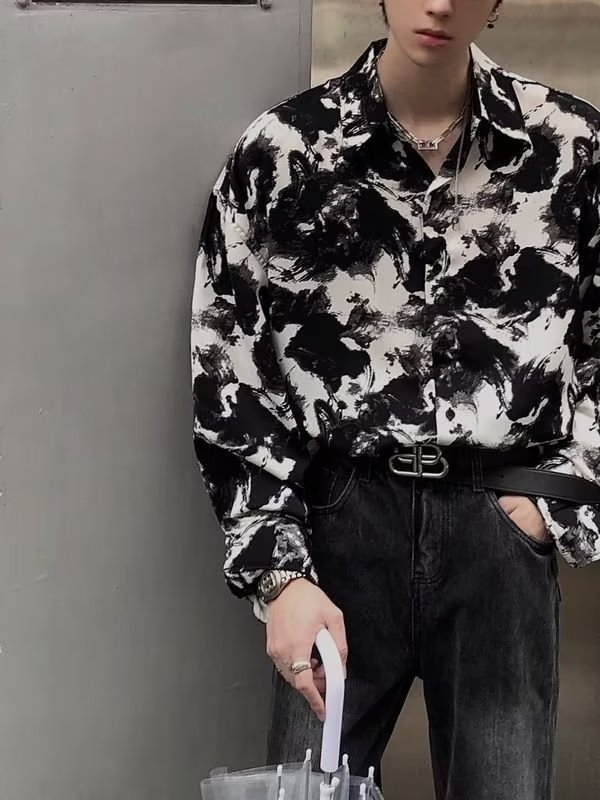Muška košulja s tie-dye uzorkom, drapirani kroj, dugi rukavi, cvjetni uzorak, korejski stil, ležernog kroja