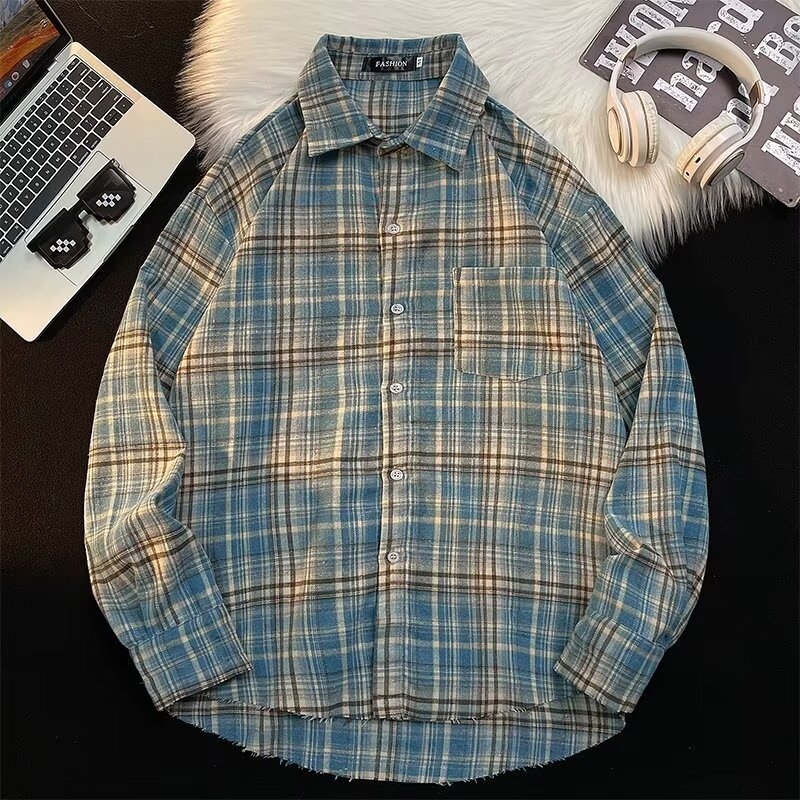 Мъжка риза с каре oversize — небрежен ретро стил, дълъг ръкав, улична кройка