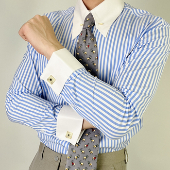 Muška košulja s dugim rukavima, prugasta, s pin collar i empire collar, color-block od pamukasto-sintetičke smjese, francuski rukavi