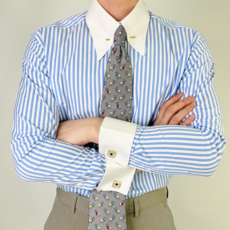 Muška košulja s dugim rukavima, prugasta, s pin collar i empire collar, color-block od pamukasto-sintetičke smjese, francuski rukavi