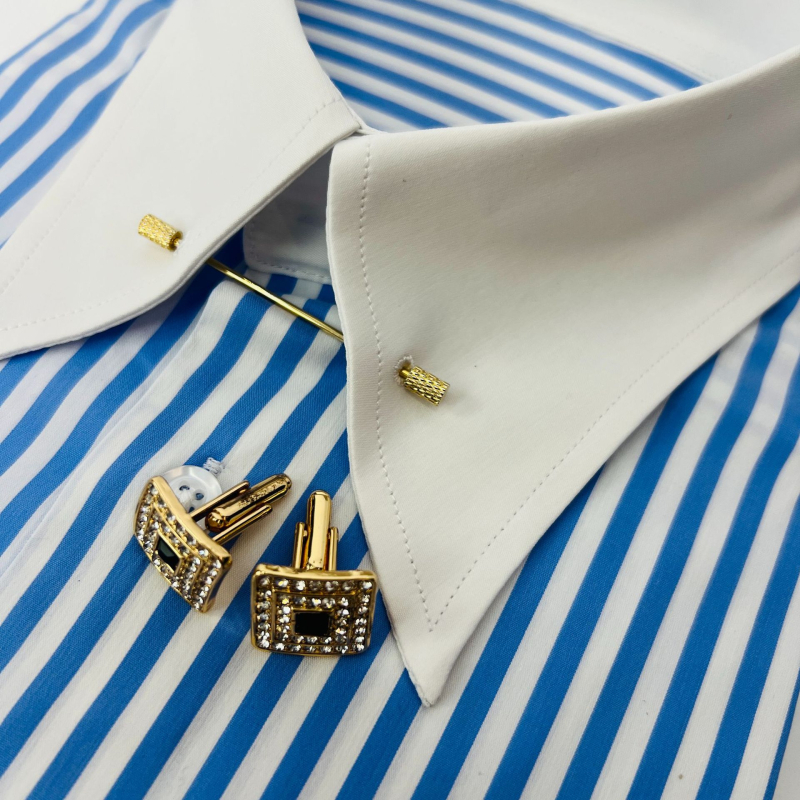 Muška košulja s dugim rukavima, prugasta, s pin collar i empire collar, color-block od pamukasto-sintetičke smjese, francuski rukavi