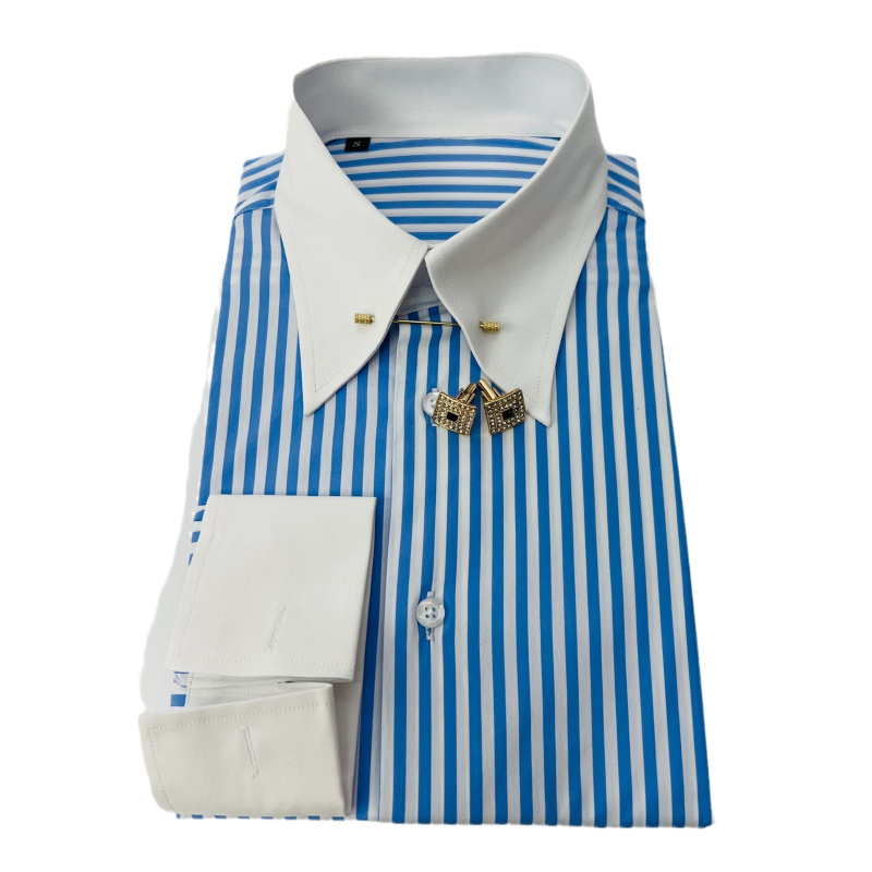 Muška košulja s dugim rukavima, prugasta, s pin collar i empire collar, color-block od pamukasto-sintetičke smjese, francuski rukavi