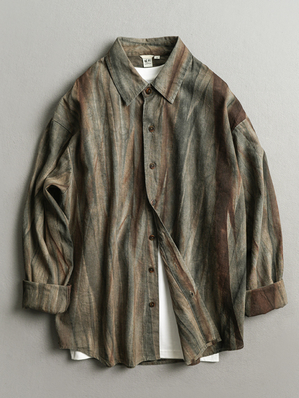 Jesenska muška košulja s tie-dye efektom i prugastom teksturom, laneno-mješavina YC-05, japanski retro stil